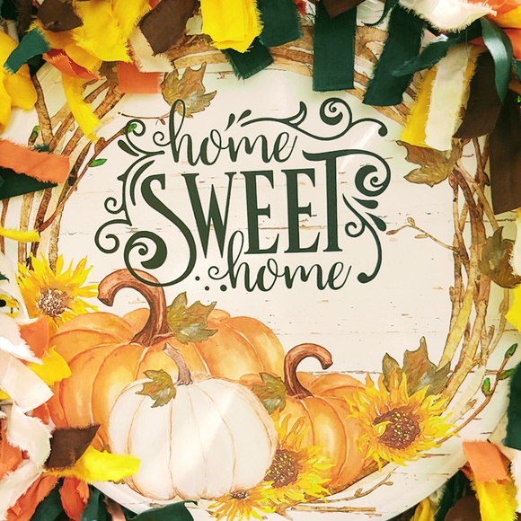 Hand Crafted Fabric Rag Wreath Fall Pumpkins Tin Sign Home Sweet Home Decor 18" - Picture 3 of 8